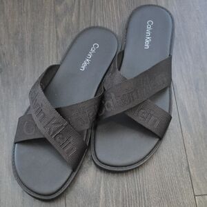 Men's Calvin Klein Brown Crisscross Logo Slide Sandals